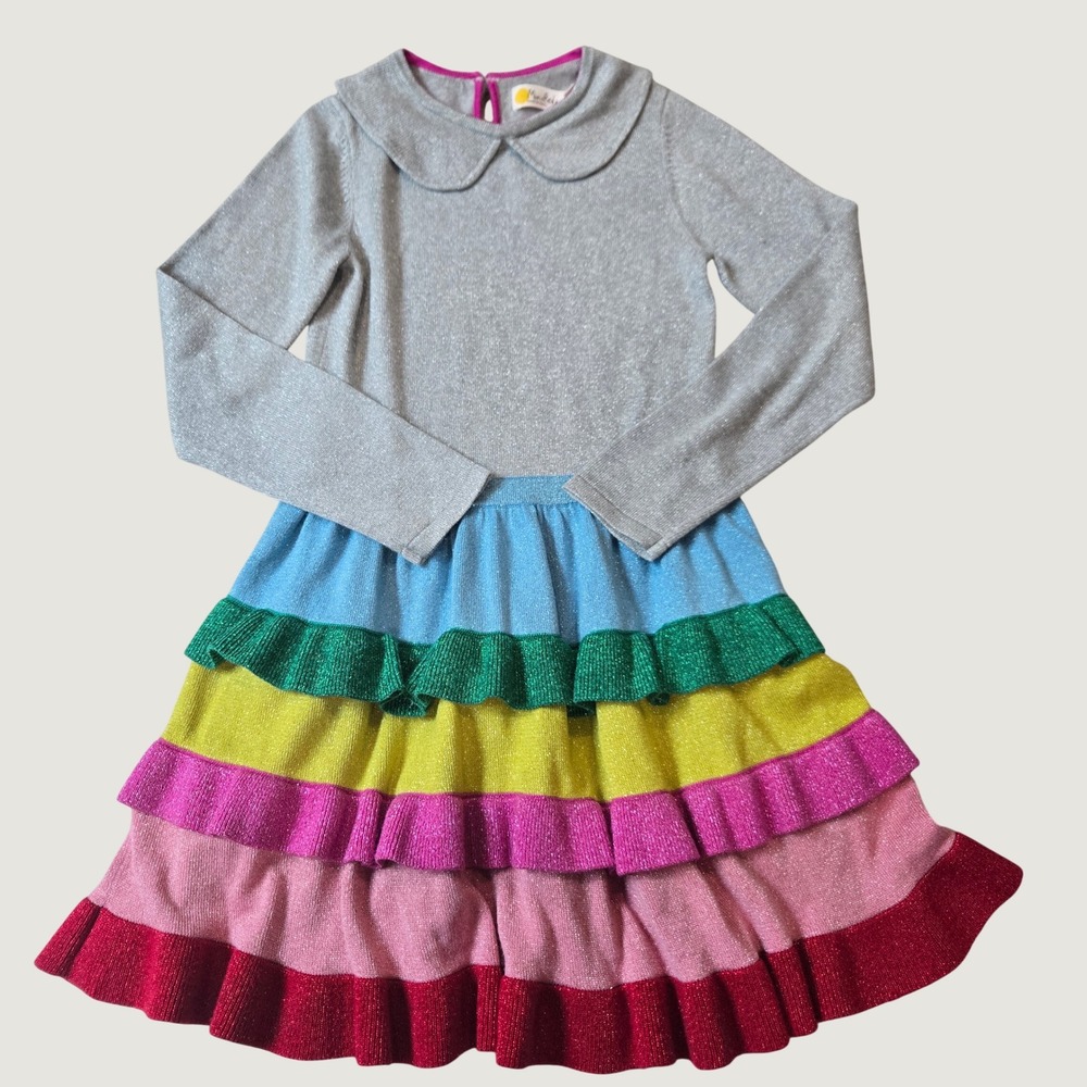 Mini Boden Girls Rainbow Tiered Ruffle Knit Dress Grey Metallic G3619 Size 8-9Y